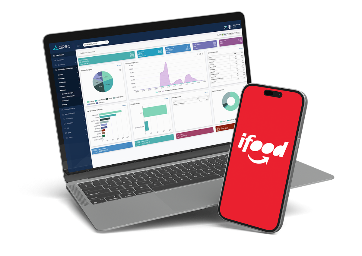Painel da Altec no notebook ao lado do celular com o aplicativo do iFood