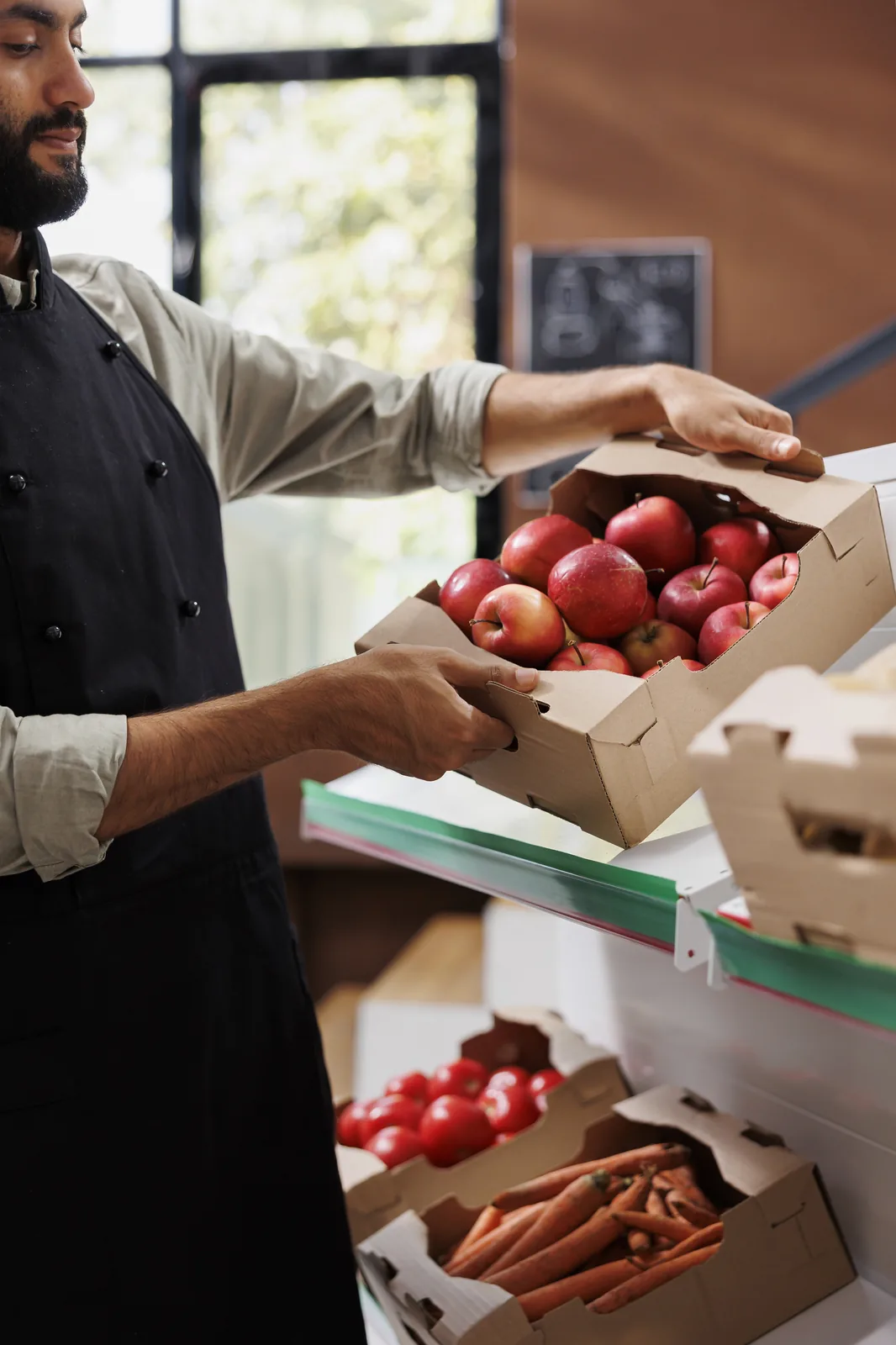 Cozinheiro organizando caixas de frutas no recebimento
